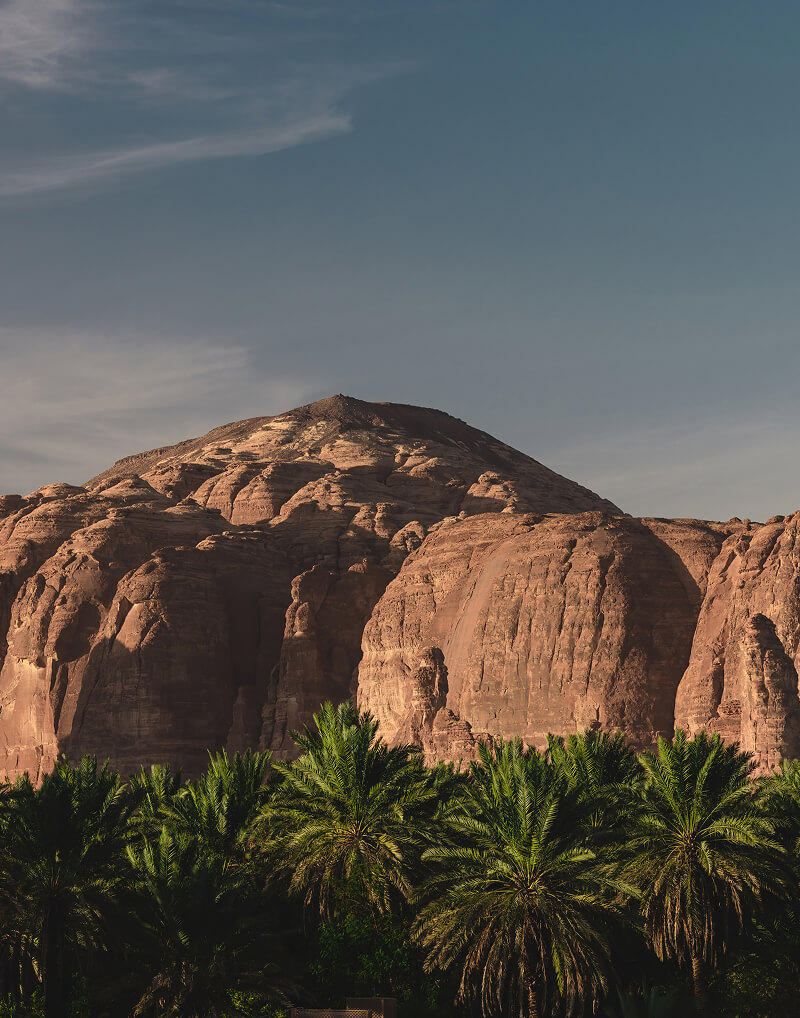 Montagne de grès dominant une palmeraie à AlUla